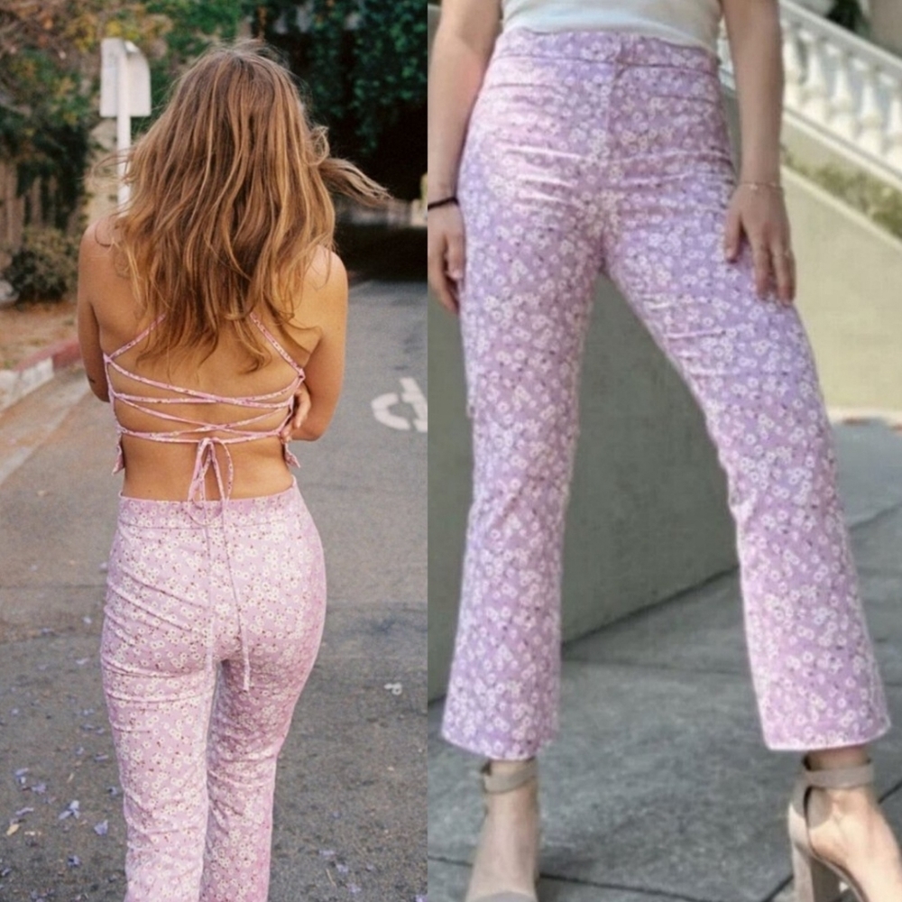 Zara Women’s Floral Print Daisy Kick Flare Lilac Cropped Retro Pant Blogger Fave
